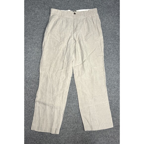 Eddie Bauer Linen Pants Men's Size 35x32 Beige Khaki Pleated Dress Slacks - Picture 2 of 8